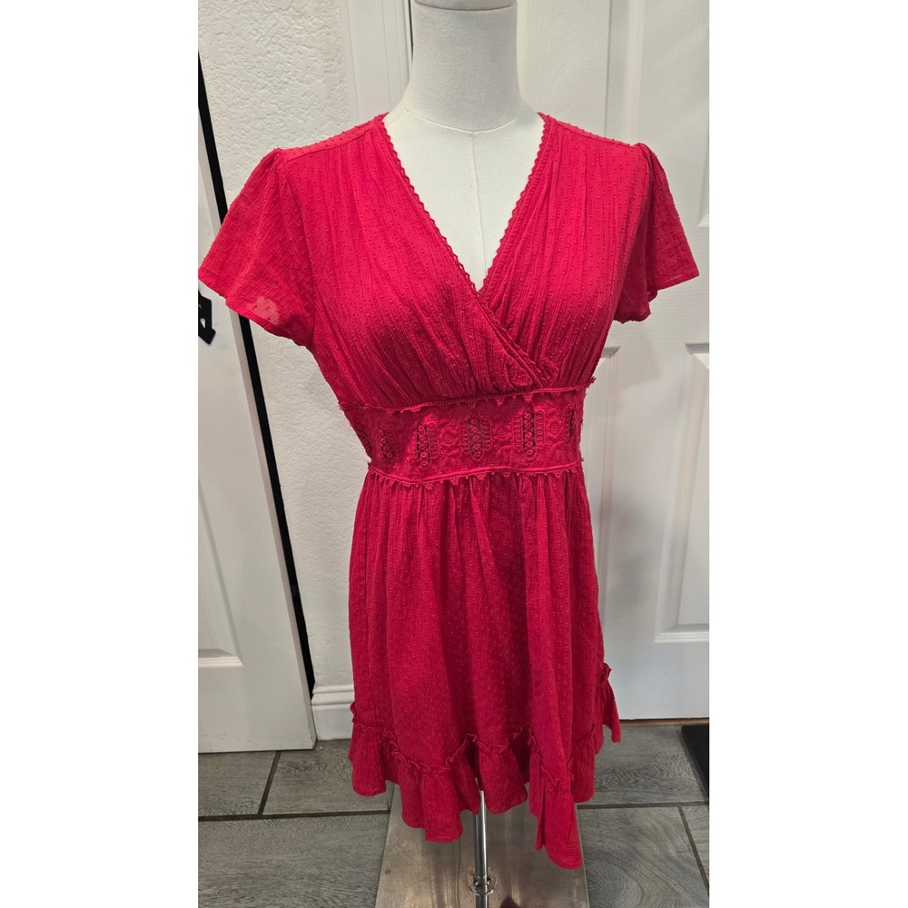 Altar'd State Red Swiss Dot Lace Waist Ruffle Hem Mini Dress Medium